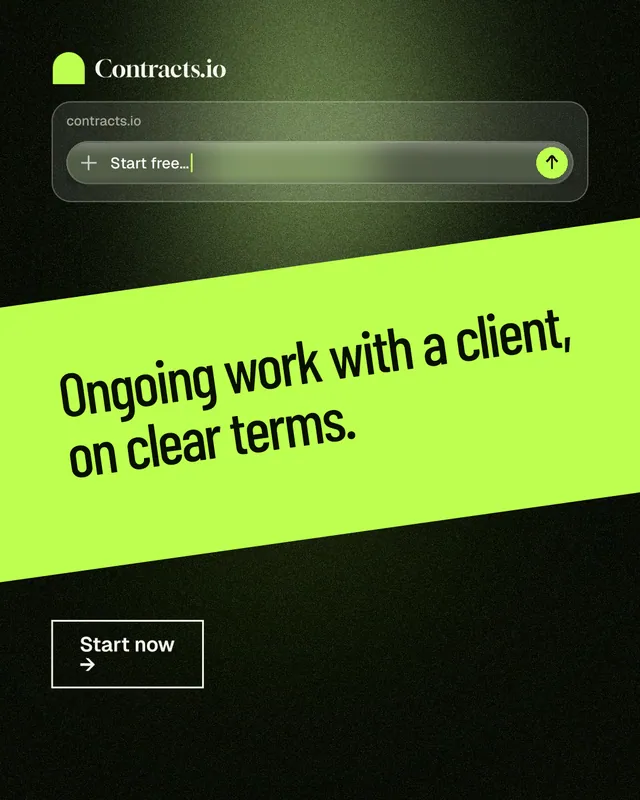Instagram portrait post for contracts.io: "Ongoing work with a client, on clear terms." Dark deco style, diagonal layout, dark palette in green, black.