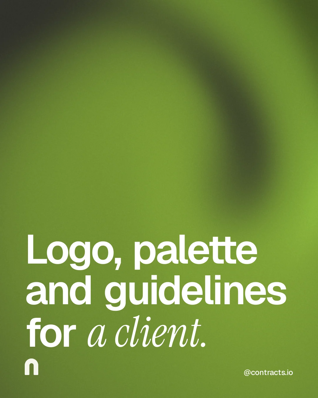 Instagram portrait post for contracts.io: "Logo, palette and guidelines for a client." Auto 4x5 style, technique:shader field layout, light palette in green.