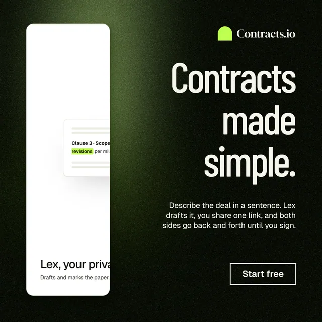 Instagram post for contracts.io: "Contracts made simple." Dark deco style, right layout, dark palette in black, white, green.