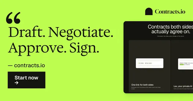 Social ad for contracts.io: "Draft. Negotiate. Approve. Sign." Swiss style, quote layout, light palette in green, black.