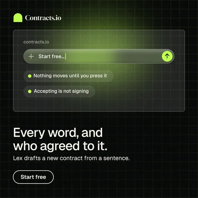 Instagram post for contracts.io: "Every word, and who agreed to it." Phosphor atlas style, bottom layout, dark palette in black, green.