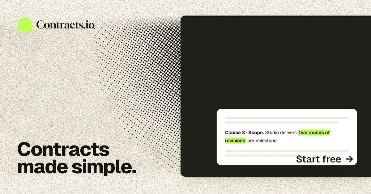 Social ad for contracts.io: "Contracts made simple." Ink sticker style, image led layout, light palette in yellow, black, white.