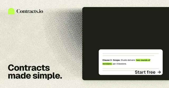 Social ad for contracts.io: "Contracts made simple." Ink sticker style, image led layout, light palette in yellow, black, white.