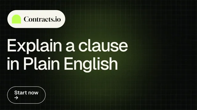 Landscape graphic for contracts.io: "Explain a clause in Plain English". Phosphor atlas style, announce layout, dark palette in black, grey.
