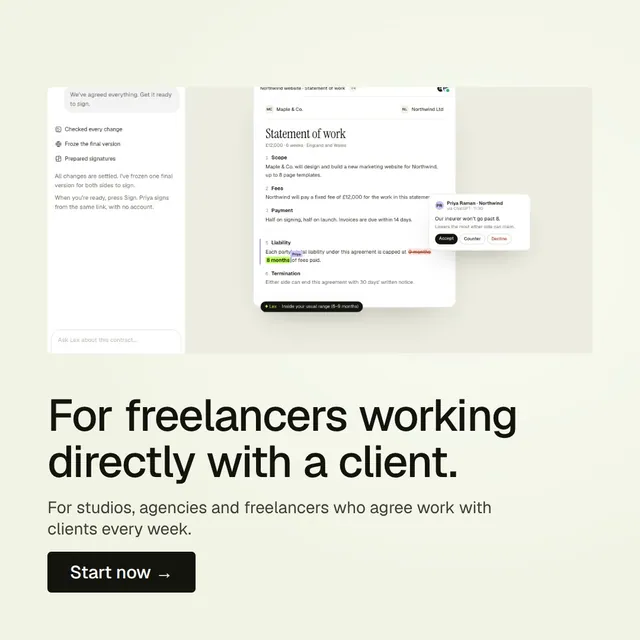 Video for contracts.io: "For freelancers working directly with a client.". Doc motion loop, 6.0 s, light palette.