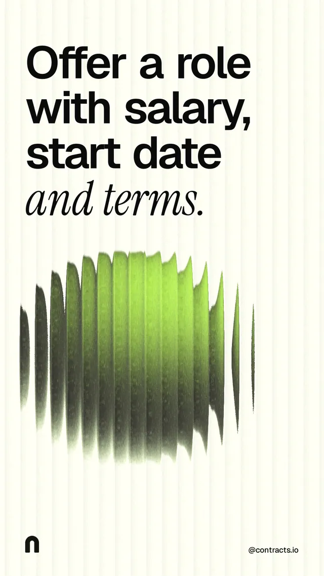 Instagram story for contracts.io: "Offer a role with salary, start date and terms." Auto 9x16 style, technique:shader field layout, light palette in white, grey, green.