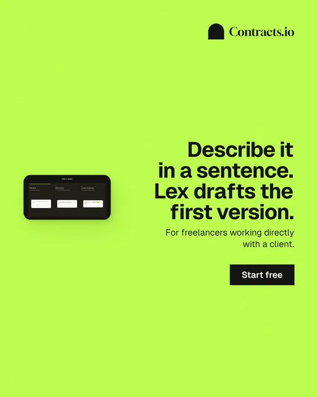 Instagram portrait post for contracts.io: "Describe it in a sentence. Lex drafts the first version." Swiss style, right layout, light palette in green.