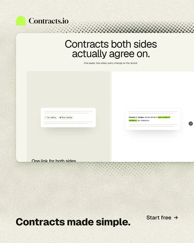 Instagram portrait post for contracts.io: "Contracts made simple." Ink sticker style, image led layout, light palette in yellow, white, grey.