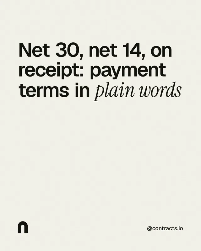 Instagram portrait post for contracts.io: "Net 30, net 14, on receipt: payment terms in plain words". Editorial style, technique:mixed type lockup layout, light palette in white, grey.