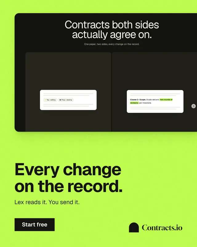 Instagram portrait post for contracts.io: "Every change on the record." Swiss style, bottom layout, light palette in green, black.