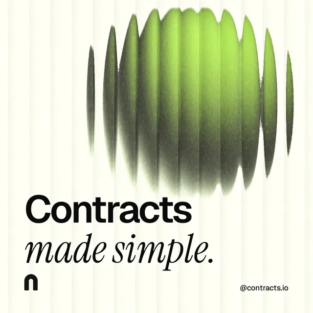 Instagram post for contracts.io: "Contracts made simple." Auto 1x1 style, technique:shader field layout, light palette in white, grey, green.