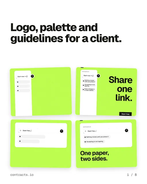 Carousel for contracts.io: "Logo, palette and guidelines for a client.". Collection carousel, 8 slides, light palette.