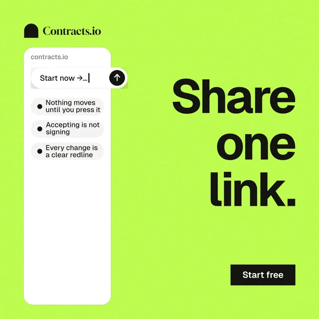 Instagram post for contracts.io: "Share one link." Swiss style, right layout, light palette in green.