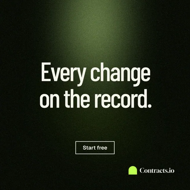 Instagram post for contracts.io: "Every change on the record." Dark deco style, centred layout, dark palette in black, grey.