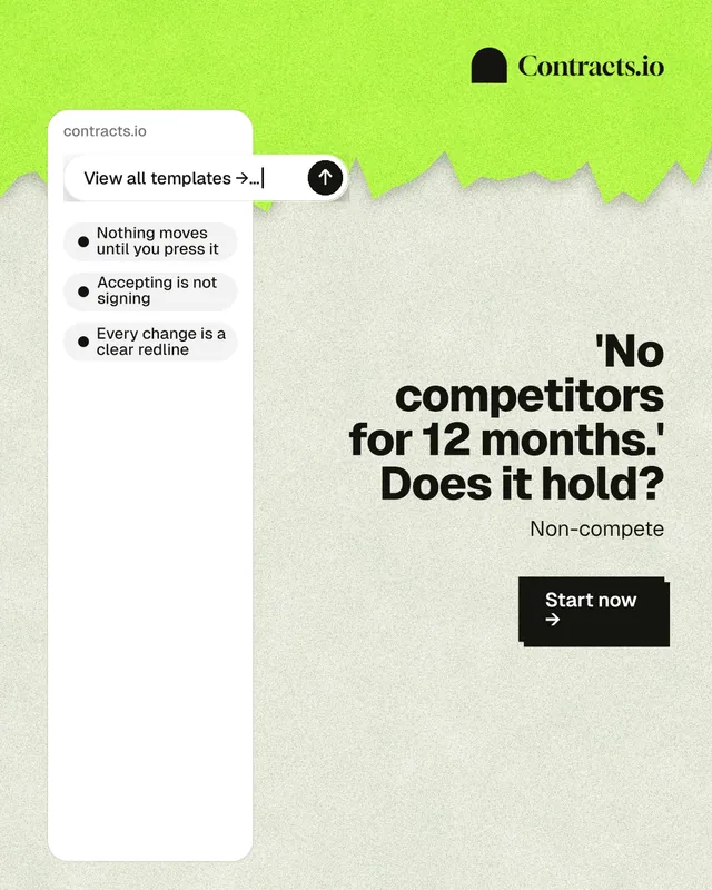 Instagram portrait post for contracts.io: "'No competitors for 12 months.' Does it hold?" Paper trio style, right layout, light palette in green, white, grey.