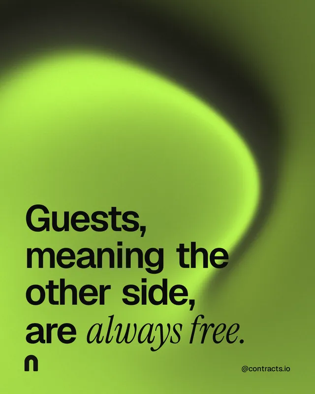 Instagram portrait post for contracts.io: "Guests, meaning the other side, are always free." Auto 4x5 style, technique:shader field layout, light palette in green.