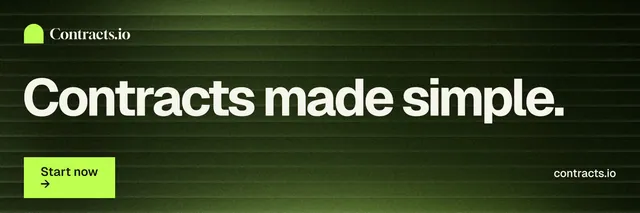X header for contracts.io: "Contracts made simple." Swiss style, poster layout, dark palette in black, green.