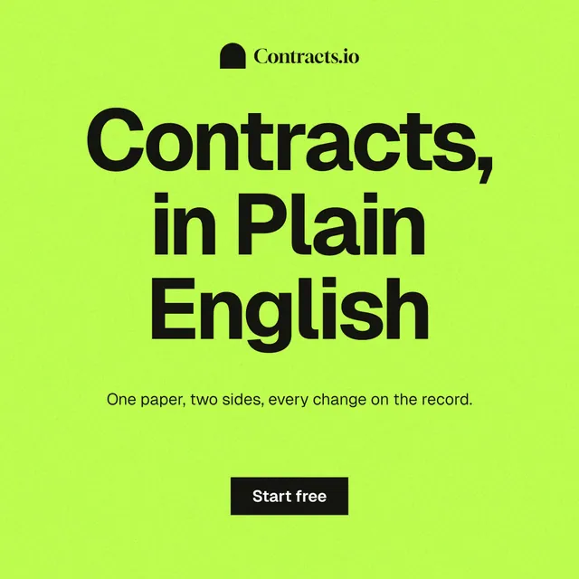 Instagram post for contracts.io: "Contracts, in Plain English". Swiss style, centred layout, light palette in green.
