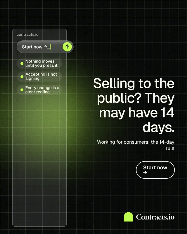 Instagram portrait post for contracts.io: "Selling to the public? They may have 14 days." Phosphor atlas style, right layout, dark palette in black, green.