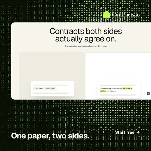 Instagram post for contracts.io: "One paper, two sides." Swiss style, image led layout, light palette in black, white, green.