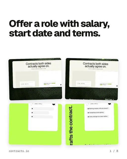 Carousel for contracts.io: "Offer a role with salary, start date and terms.". Collection carousel, 8 slides, light palette.