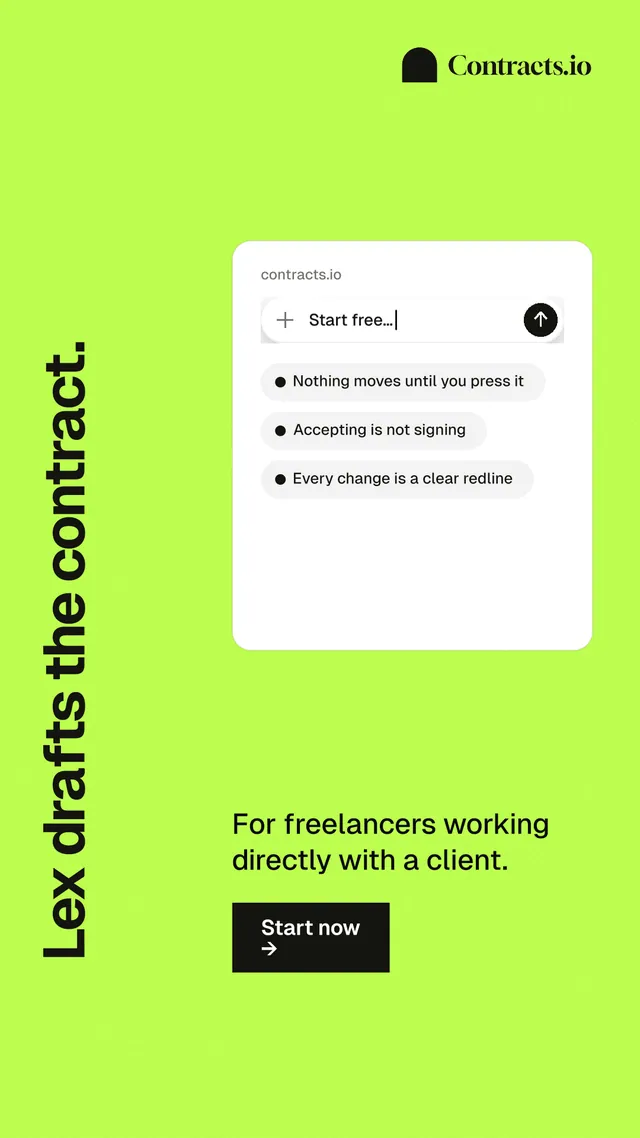 Instagram story for contracts.io: "Lex drafts the contract." Swiss style, vertical layout, light palette in green, white.