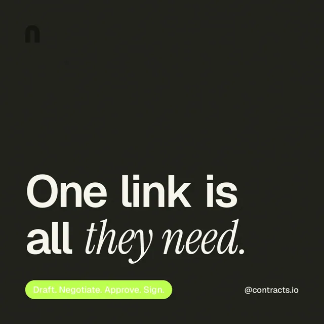 Instagram post for contracts.io: "One link is all they need." Caption style, technique:mixed type lockup layout, dark palette in black, green.