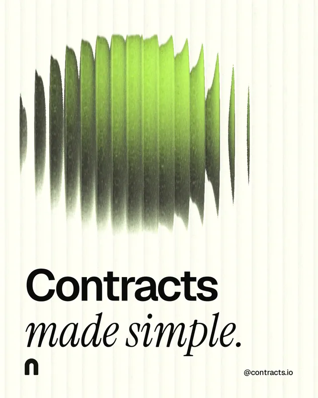 Instagram portrait post for contracts.io: "Contracts made simple." Auto 4x5 style, technique:shader field layout, light palette in white, grey, green.