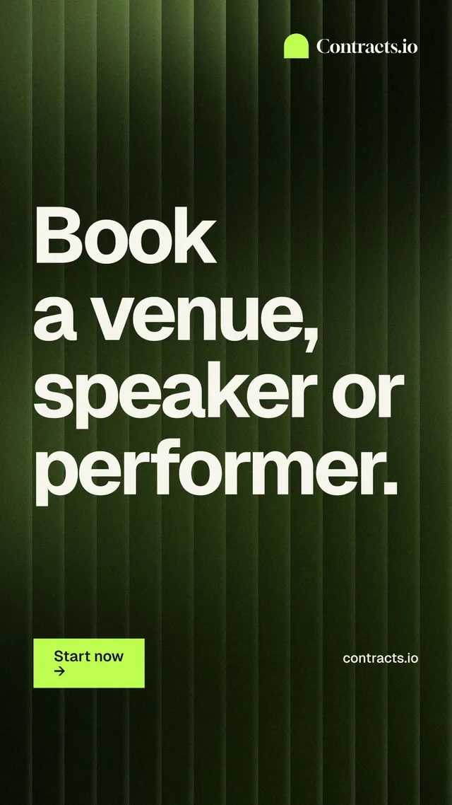Instagram story for contracts.io: "Book a venue, speaker or performer." Swiss style, poster layout, dark palette in black, green.