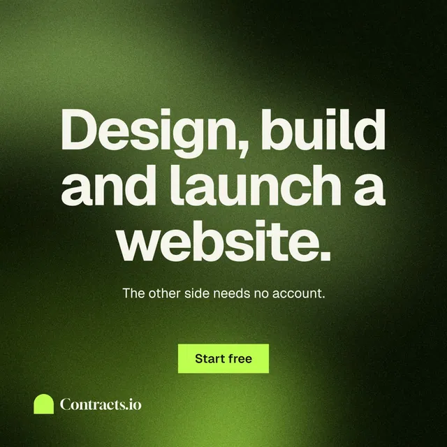 Instagram post for contracts.io: "Design, build and launch a website." Swiss style, centred layout, dark palette in black, green.