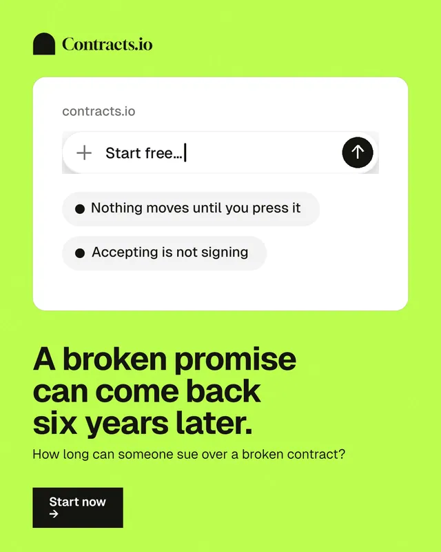 Instagram portrait post for contracts.io: "A broken promise can come back six years later." Swiss style, bottom layout, light palette in white, green.