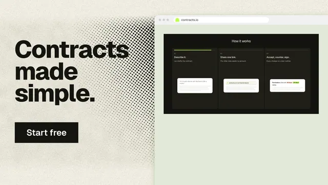 Landscape graphic for contracts.io: "Contracts made simple." Ink sticker style, browser layout, light palette in black, yellow, green.