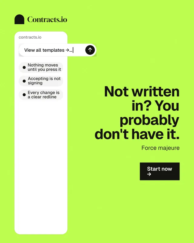 Instagram portrait post for contracts.io: "Not written in? You probably don't have it." Swiss style, right layout, light palette in green, white.