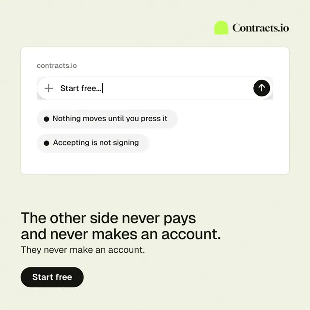 Instagram post for contracts.io: "The other side never pays and never makes an account." Data card style, bottom layout, light palette in white.