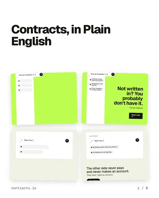 Carousel for contracts.io: "Contracts, in Plain English". Collection carousel, 8 slides, light palette.