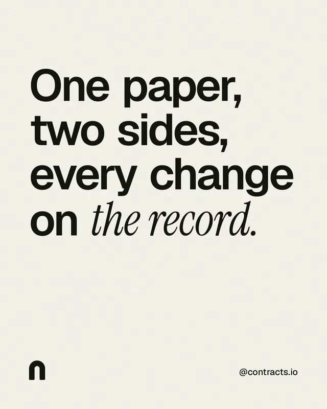 Instagram portrait post for contracts.io: "One paper, two sides, every change on the record." Editorial style, technique:mixed type lockup layout, light palette in white, grey.