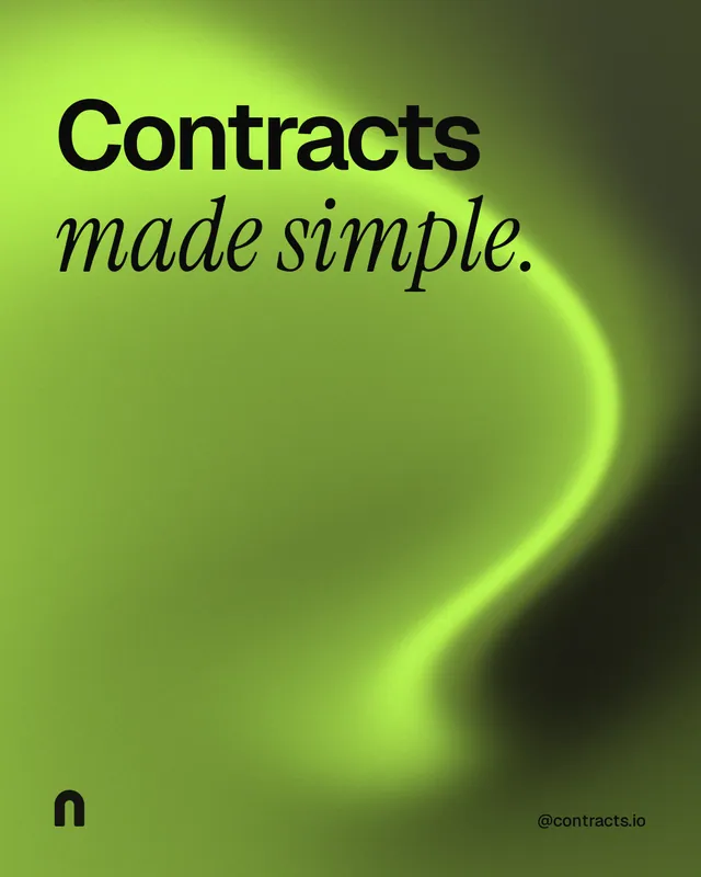 Instagram portrait post for contracts.io: "Contracts made simple." Auto 4x5 style, technique:shader field layout, light palette in green.