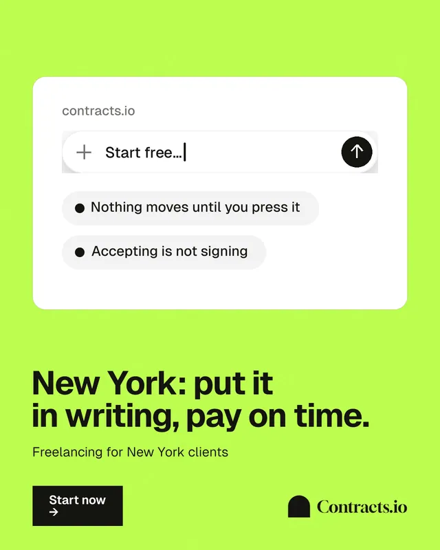 Instagram portrait post for contracts.io: "New York: put it in writing, pay on time." Swiss style, bottom layout, light palette in green, white.