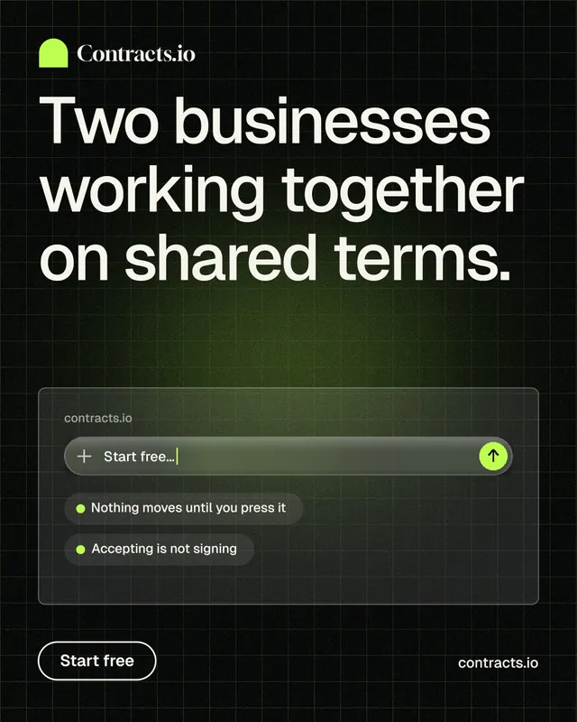 Instagram portrait post for contracts.io: "Two businesses working together on shared terms." Phosphor atlas style, poster layout, dark palette in black, grey.