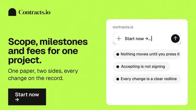 Landscape graphic for contracts.io: "Scope, milestones and fees for one project." Swiss style, bottom layout, light palette in green.