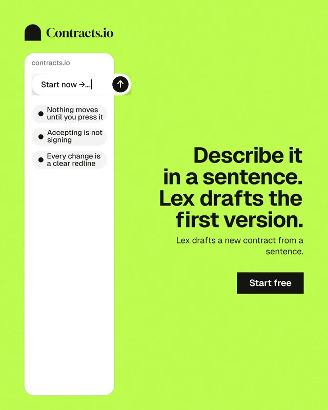 Instagram portrait post for contracts.io: "Describe it in a sentence. Lex drafts the first version." Swiss style, right layout, light palette in green, white.