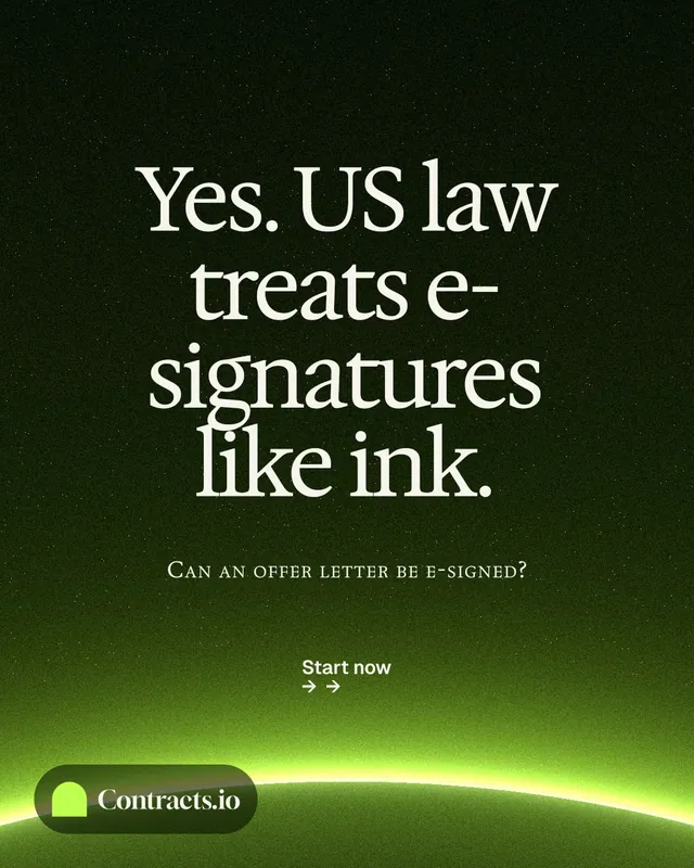 Instagram portrait post for contracts.io: "Yes. US law treats e-signatures like ink." Swiss style, smallcaps layout, dark palette in black, green.