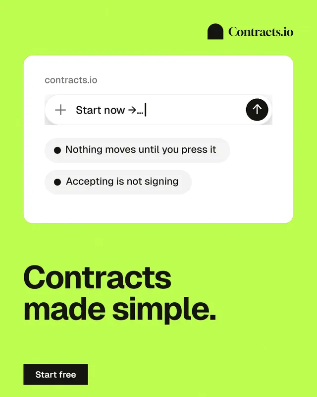 Instagram portrait post for contracts.io: "Contracts made simple." Swiss style, bottom layout, light palette in green, white.