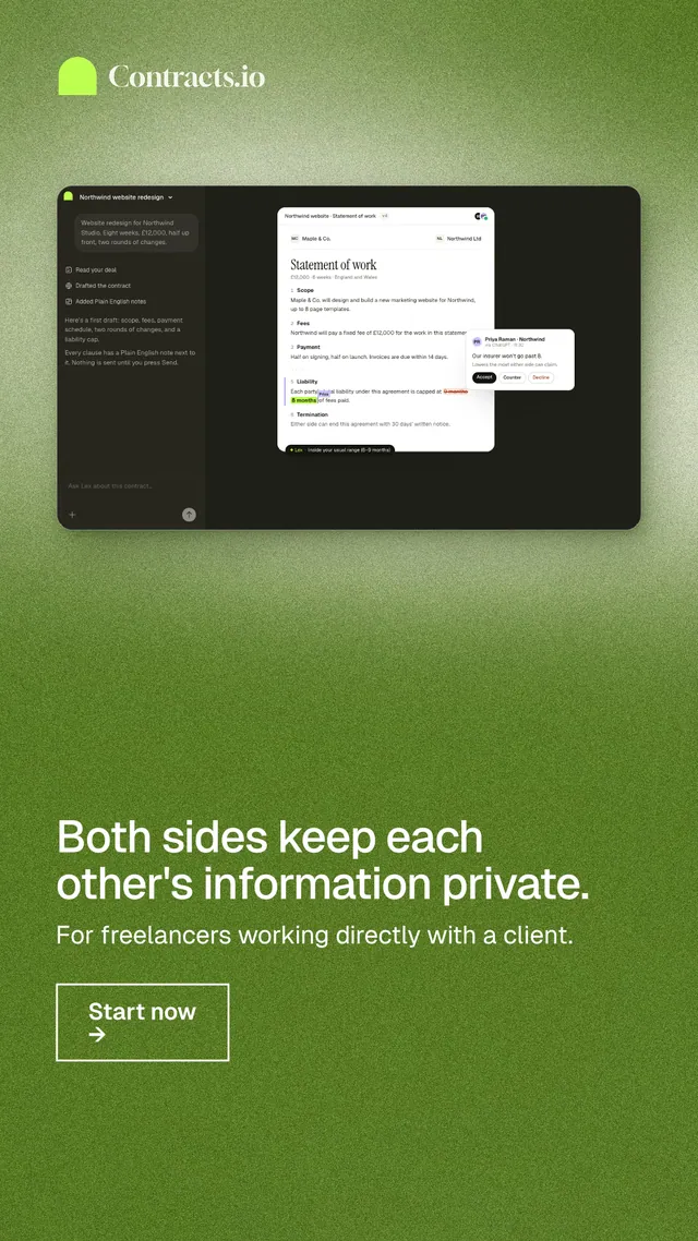 Instagram story for contracts.io: "Both sides keep each other's information private." Cyanotype style, bottom layout, light palette in green.