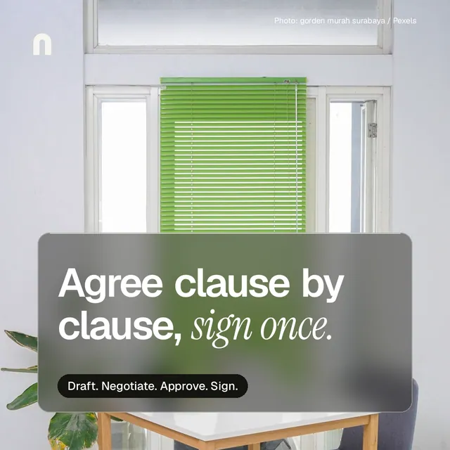 Instagram post for contracts.io: "Agree clause by clause, sign once." Glass style, technique:pexels ingredient layout, light palette in white, grey.