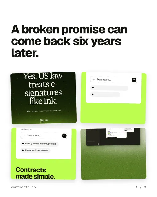 Carousel for contracts.io: "A broken promise can come back six years later.". Collection carousel, 8 slides, light palette.