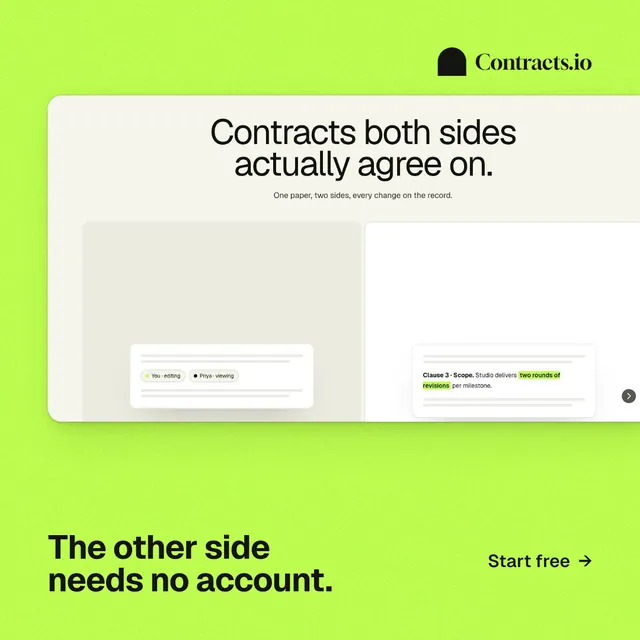 Instagram post for contracts.io: "The other side needs no account." Swiss style, image led layout, light palette in green.
