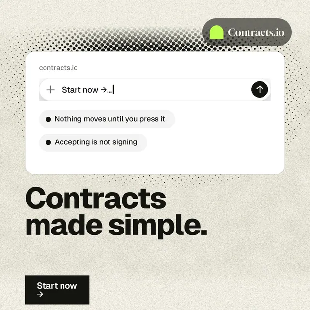 Instagram post for contracts.io: "Contracts made simple." Ink sticker style, bottom layout, light palette in yellow, white, grey.