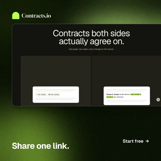 Instagram post for contracts.io: "Share one link." Swiss style, image led layout, dark palette in green, black.