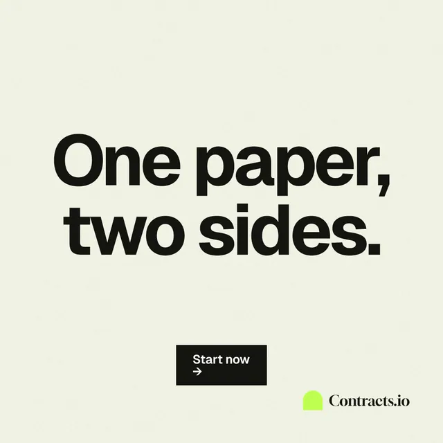 Instagram post for contracts.io: "One paper, two sides." Swiss style, centred layout, light palette in white, grey.